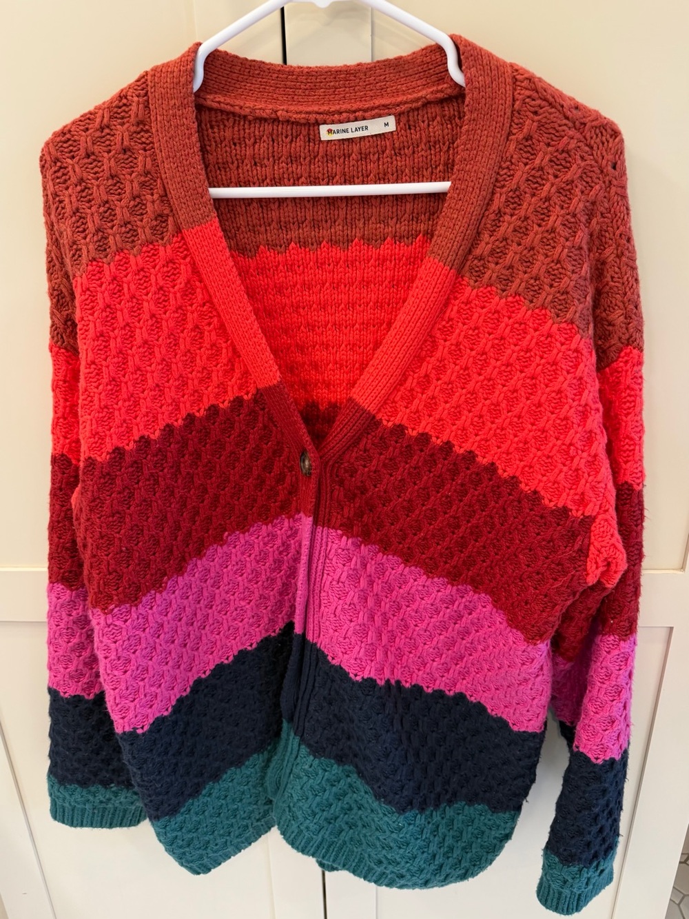 Marine Layer Chevron Stripe Knit Cardigan - Red, Pink, Green, Navy